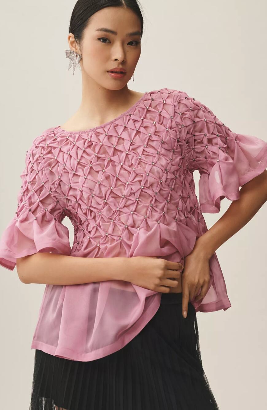 Maeve Pink Smocked Ruffle Sleeve Blouse
